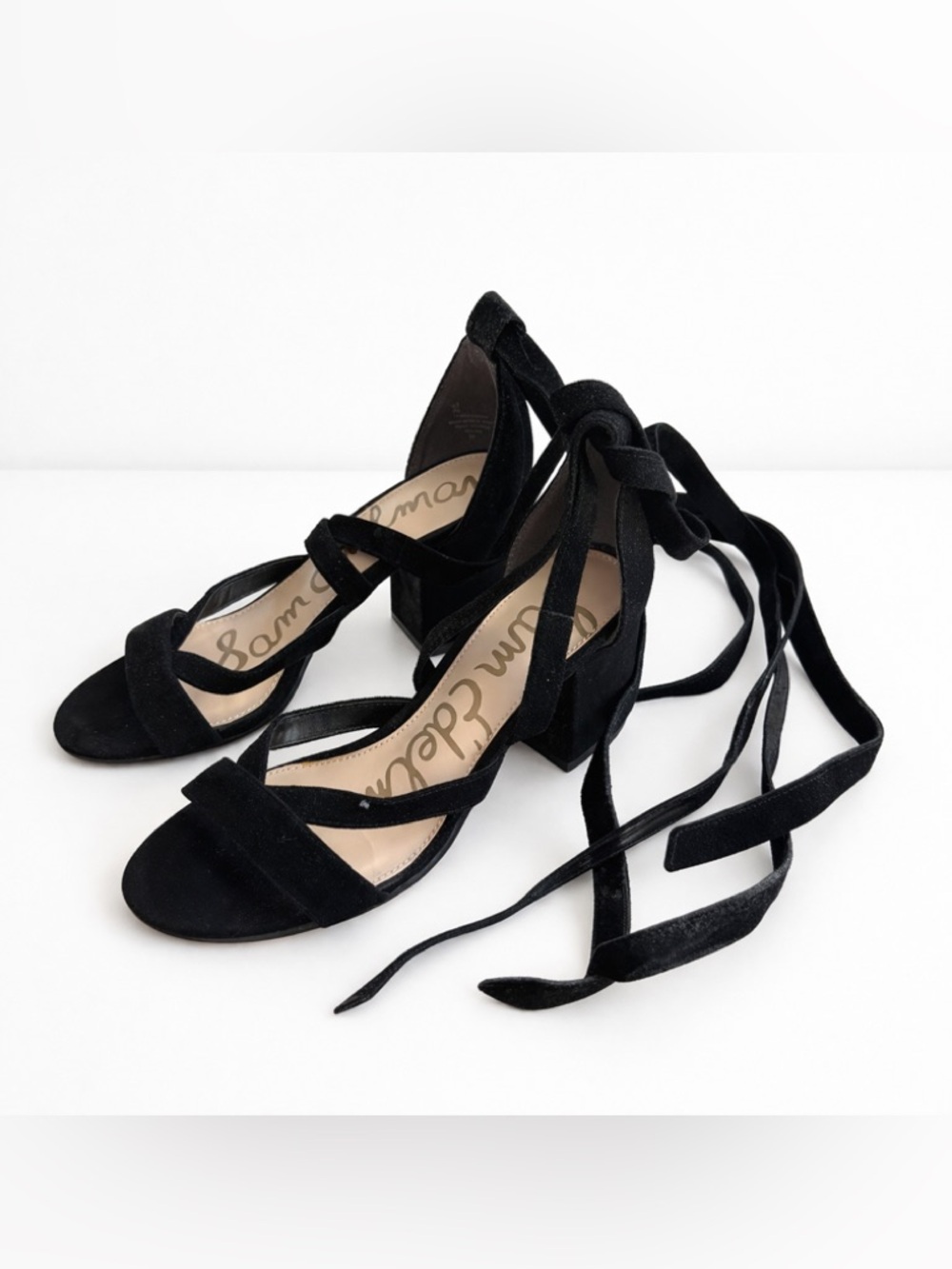 Sam Edelman Suede Lace-Up Block Heel Sandals Black Size 7 Strappy Wrap Heels